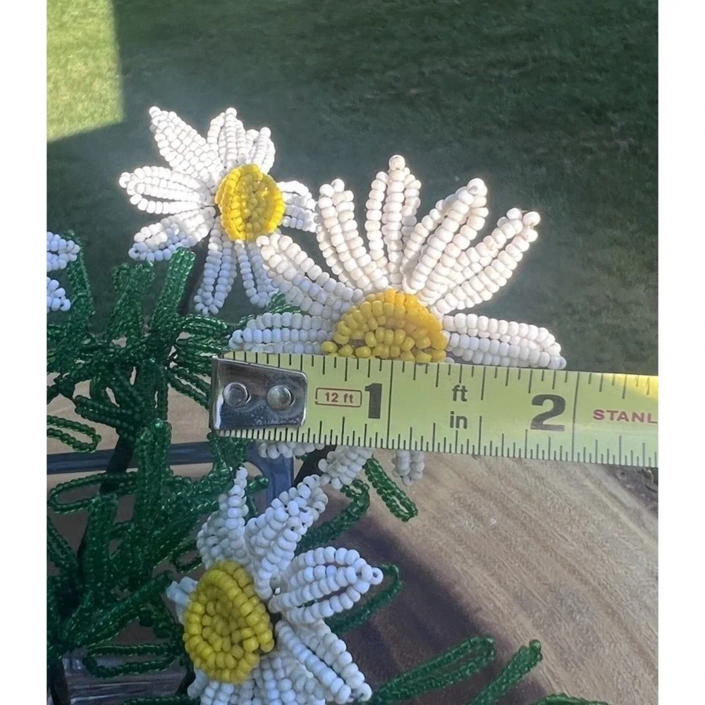 Vintage French Beaded Daisy Flowers 10 Stems Seed Bead Handmade Floral Decor